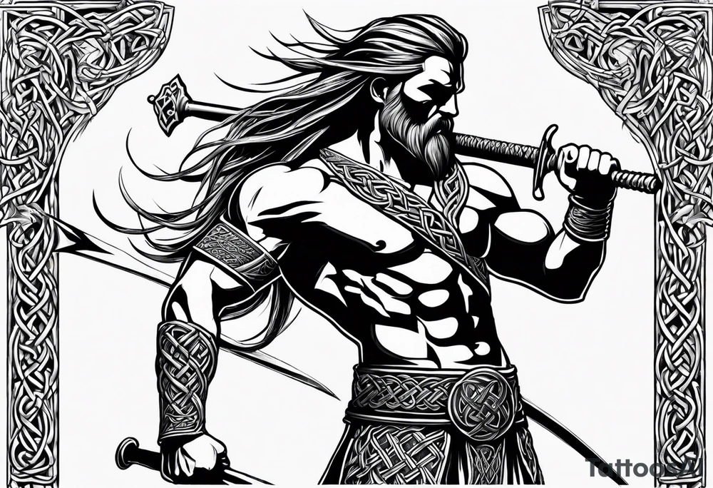 Full body side profile of Celtic warrior with weapons unsheathed tattoo idea Full body side profile of Celtic warrior with weapons unsheathed tattoo idea