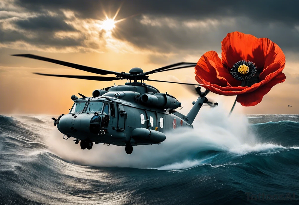 A cinematic-style tattoo depicting a Canadian military CH-148 Cyclone helicopter performing a daring maneuver over a turbulent ocean. The sky should be filled with dramatic clouds, and the sun should be setting, casting long shadows. The helicopter should be the main focus, with intricate details and a sense of motion. In the background, a poppy should be prominently displayed, and a quote from 'Lest We Forget' should be included tattoo idea