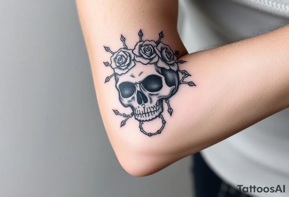 ornate skull adorned with crown of wild roses and thorns tattoo idea