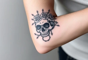 ornate skull adorned with crown of wild roses and thorns tattoo idea