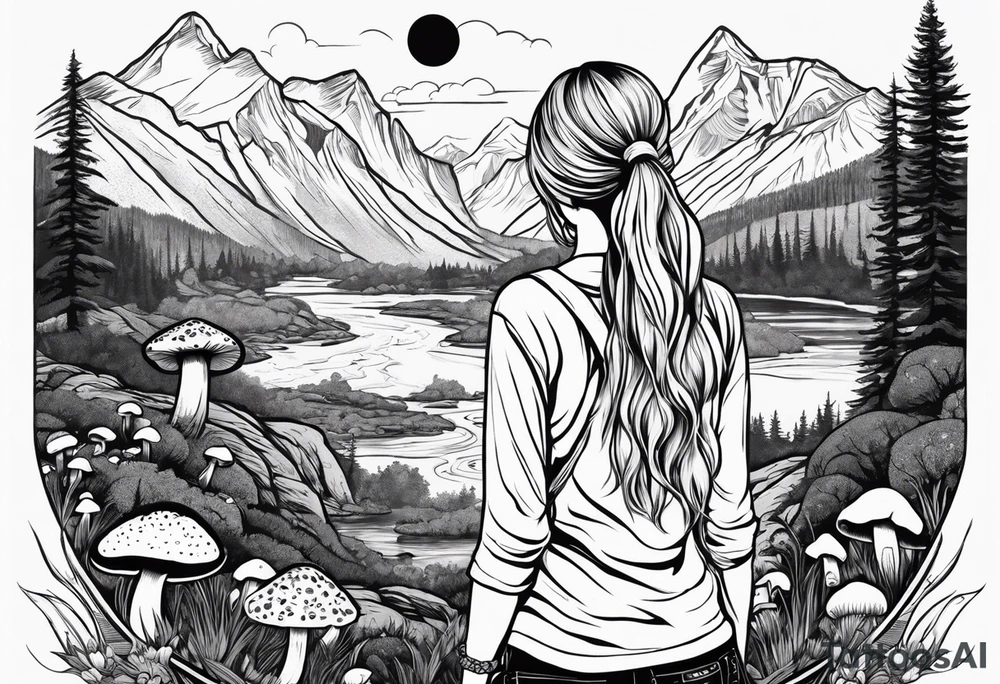 Whole picture encircled fully

Straight long blonde hair hippie girl in distance holding mushrooms in hand facing away toward mountains and creek surrounded by mushrooms long sleeve shirt and hiking pants; whole rendering within a full circle, no cut off circle tattoo idea