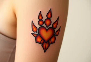 A lion paw imprint with golden highlights, the heart shape subtly emerging through warm tones of amber, burnt orange, and deep brown tattoo idea