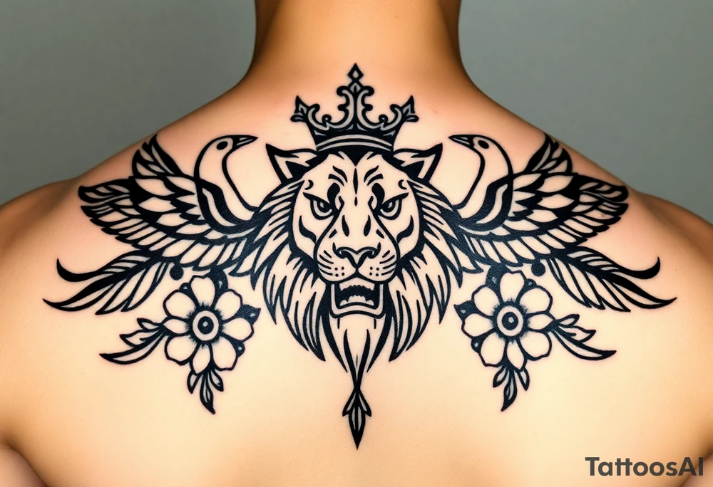 powerful majestic lion with a crown, surrounded by floral ornaments and birds tattoo idea