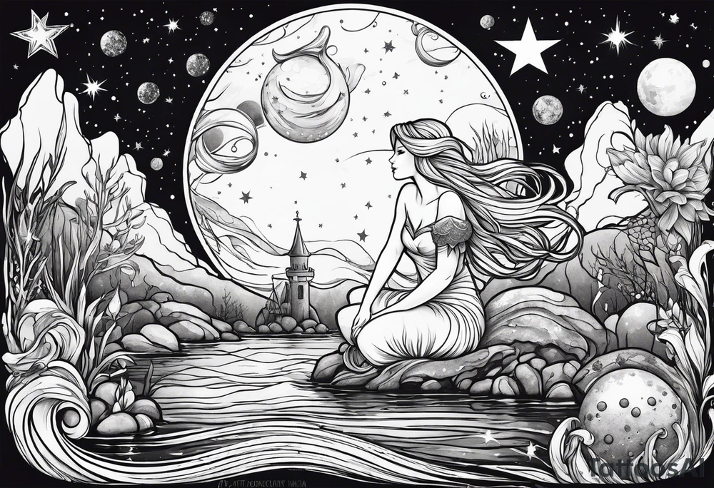 Mermaid in a swamp under the stars and planets tattoo idea