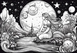 Mermaid in a swamp under the stars and planets tattoo idea