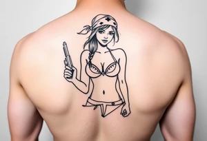 Girl wearing bandana in bikini holding gun gangster tattoo idea