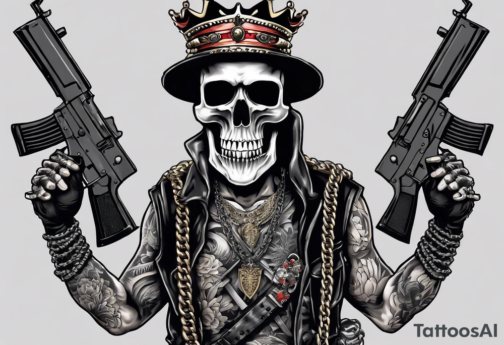image of a skeleton standing frontally with a crown on his head, holding an AK-47 on his shoulder with his right hand. The chain on the left should be taut, there are three angry barking Dobermans in it, near the waist tattoo idea