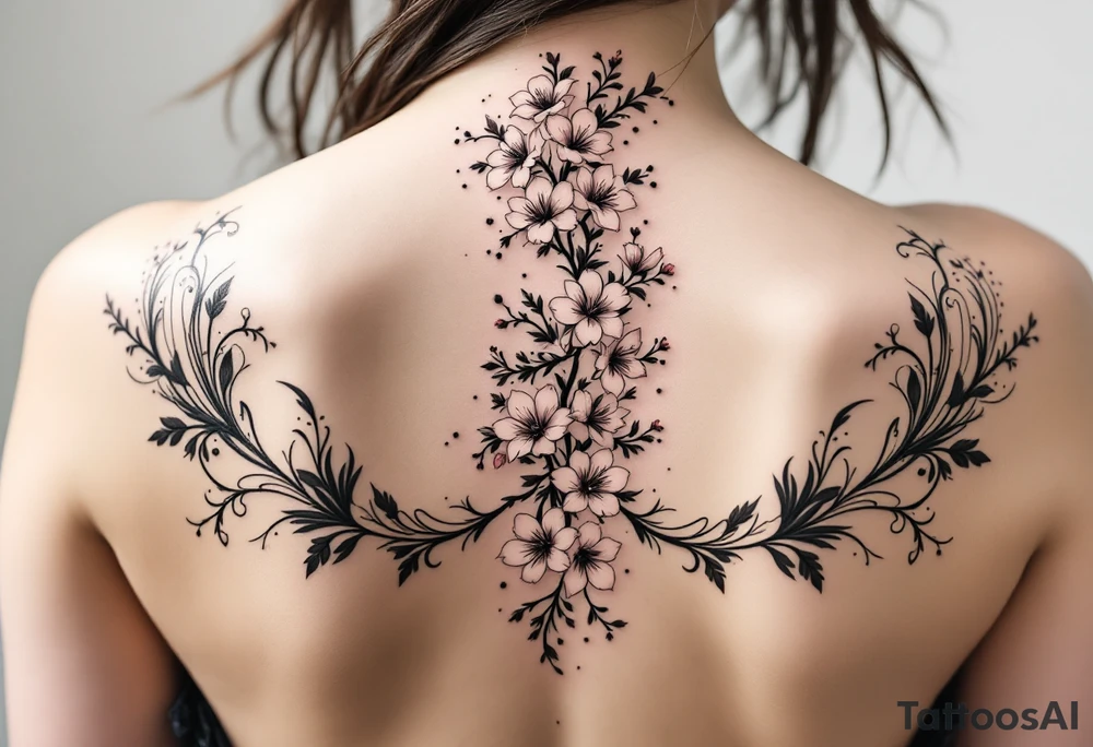1.	Cherry Blossom Flow (Central Spine): A cascading cherry blossom flowing vertically along the spine to cover the central portion of the existing tattoo. Symmetrical patterns inspired by ornamental designs, with intricate curves and dotwork extending outward from the base of the spine. These elements should balance the floral motif and enhance the lower back area with a decorative, feminine flair.
	3.	Dotwork and Contouring: Delicate linework and dot patterns should be added around the floral design to give texture and seamlessly blend the tattoo with the surrounding skin. The ornamentation should curve naturally along the shape of the body, creating a cohesive, elegant look. tattoo idea