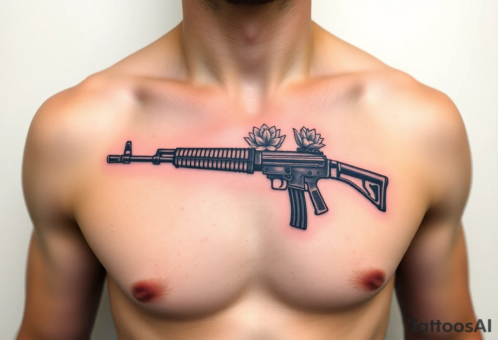 ak 47 black silhouette with floreal details tattoo idea