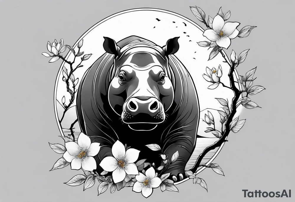 Asymmetrical, geometric, chinese ink art touch, hippo , full moon, wintersweet flower, light , modify from my favourite, s-shape tattoo idea