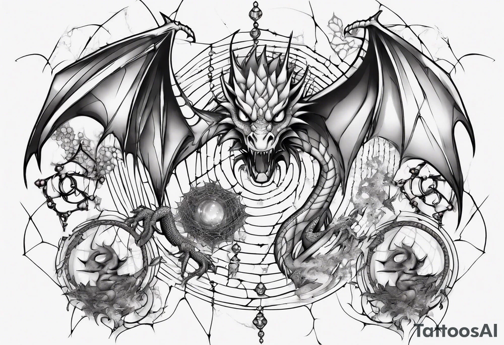 Dragon in a spiral spiderweb with jewels and shattered chalices and one spider tattoo idea