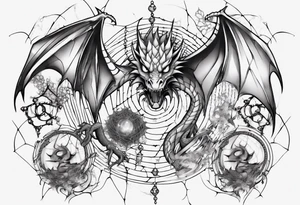 Dragon in a spiral spiderweb with jewels and shattered chalices and one spider tattoo idea