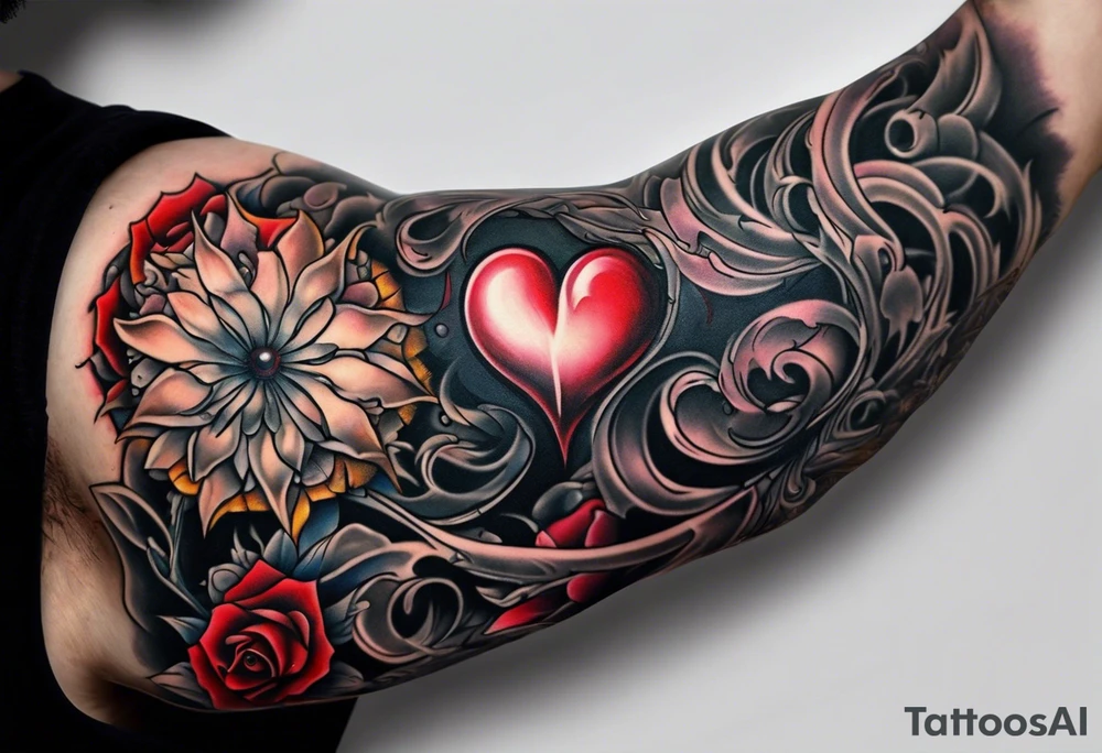 Arm sleeve depicting broken heart, pain suffering and loneliness tattoo idea