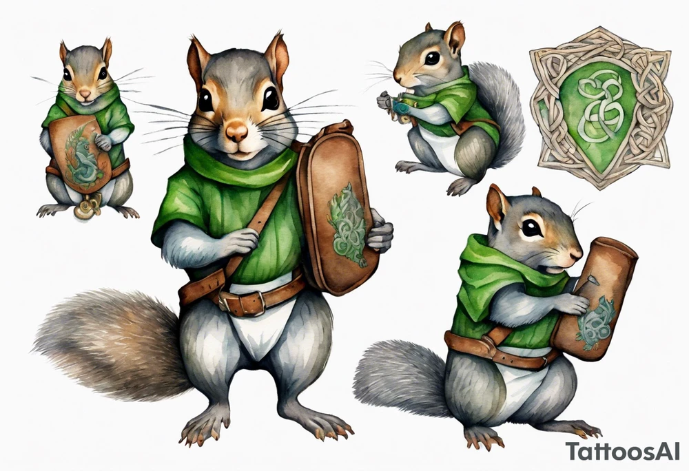 a grey squirrel dressed in a grey and green tunic wearing a medieval messenger bag tattoo idea