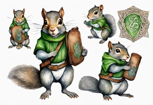 a grey squirrel dressed in a grey and green tunic wearing a medieval messenger bag tattoo idea