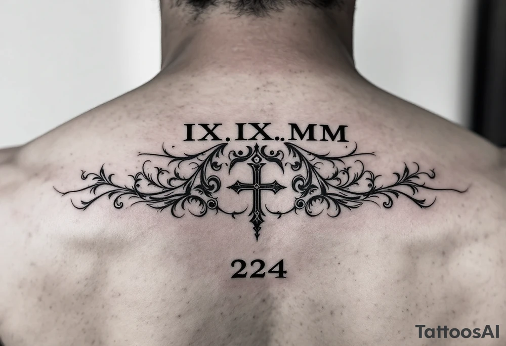 Roman numeral dates IX.IX.MM and II.XXV.MMII with a space between them in a balanced and symmetrical layout, along with the number 224 tattoo idea