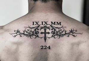 Roman numeral dates IX.IX.MM and II.XXV.MMII with a space between them in a balanced and symmetrical layout, along with the number 224 tattoo idea