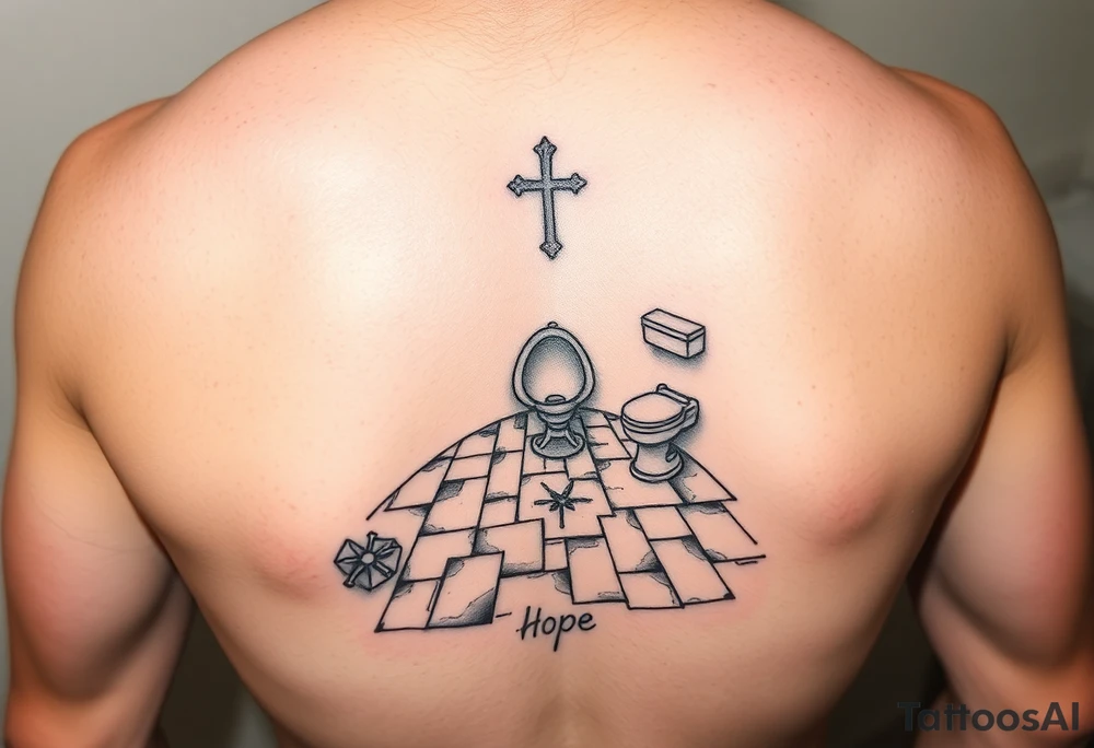 bathroom floor scene with symbol of hope tattoo idea