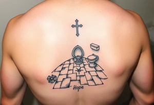 bathroom floor scene with symbol of hope tattoo idea
