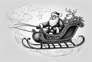 Santa flying in sky at night with his sleigh tattoo idea