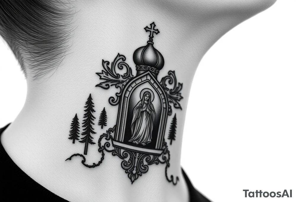 russian coat arms traditional christian orthodox cross with a virgin mary stood in the entrance of a russian orthodox dome church on the side of the neck in a wilderness setting tattoo idea