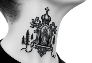 russian coat arms traditional christian orthodox cross with a virgin mary stood in the entrance of a russian orthodox dome church on the side of the neck in a wilderness setting tattoo idea