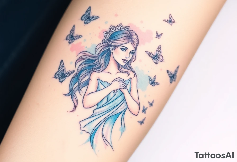A Virgo maiden surrounded by floating butterflies, in soft pastel colors, representing transformation and grace tattoo idea