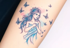 A Virgo maiden surrounded by floating butterflies, in soft pastel colors, representing transformation and grace tattoo idea