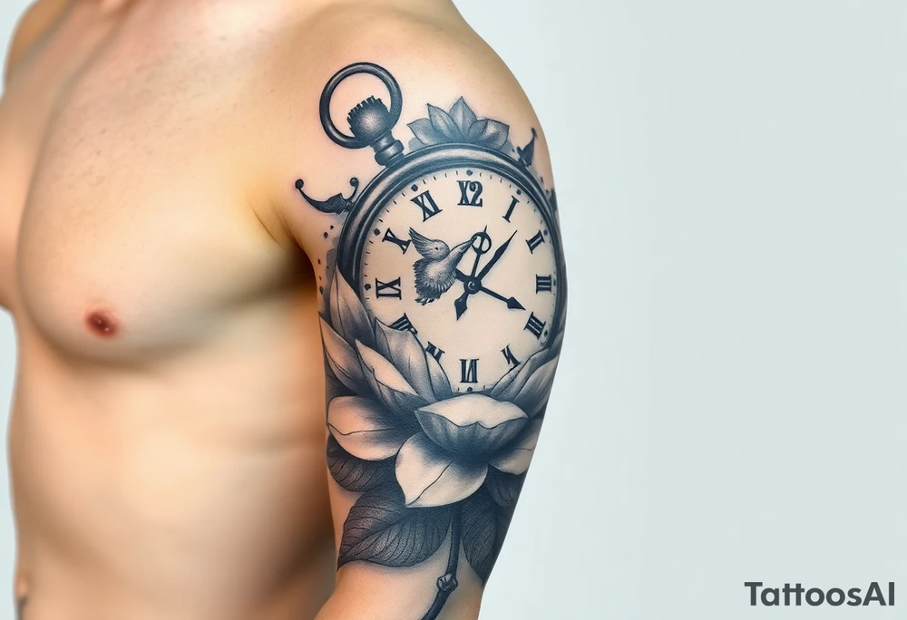 A broken clock floating inside a blooming lotus flower, with a small bird flying out from the clock face tattoo idea