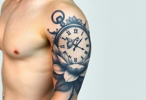 A broken clock floating inside a blooming lotus flower, with a small bird flying out from the clock face tattoo idea