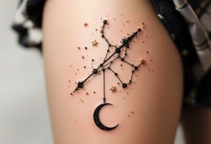 A Sagittarius constellation formed by sparkling dots of gold ink with a black crescent moon hanging below. tattoo idea