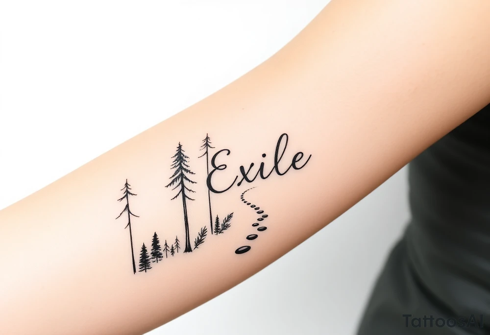 A path in the woods with mountains in the background, the word "Exile" blended in the drawing. The path should be subtle and the tattoo should be fine line tattoo idea