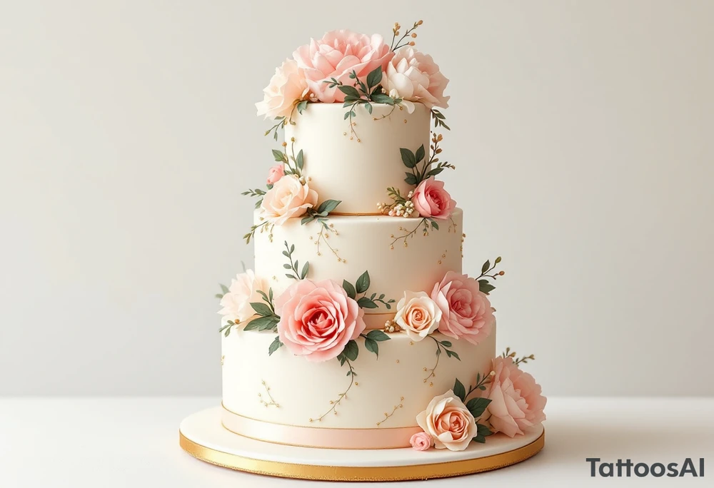 A vintage-style wedding cake with three tiers, adorned with floral accents (roses, hydrangeas), and topped with a small, delicate bow. Ivory cake with soft pink and peach flowers, gold accents, and a light cream ribbon. tattoo idea