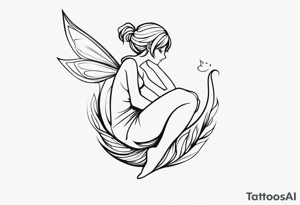 Minimalistic, monochromatic fairy with a tail flying to the left in a fetal position, leaning and looking in the same direction, with visible hands, embodying the 'Fairy Tail' logo aesthetic. tattoo idea