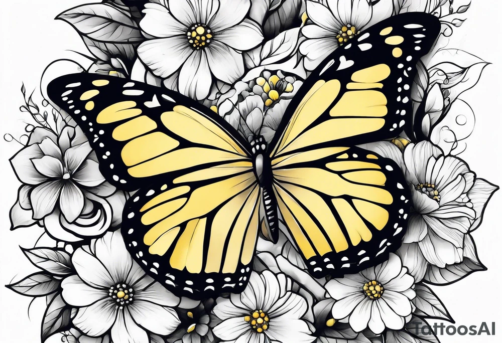 Arm sleeve with yellow and teal flowers and butterflies tattoo idea