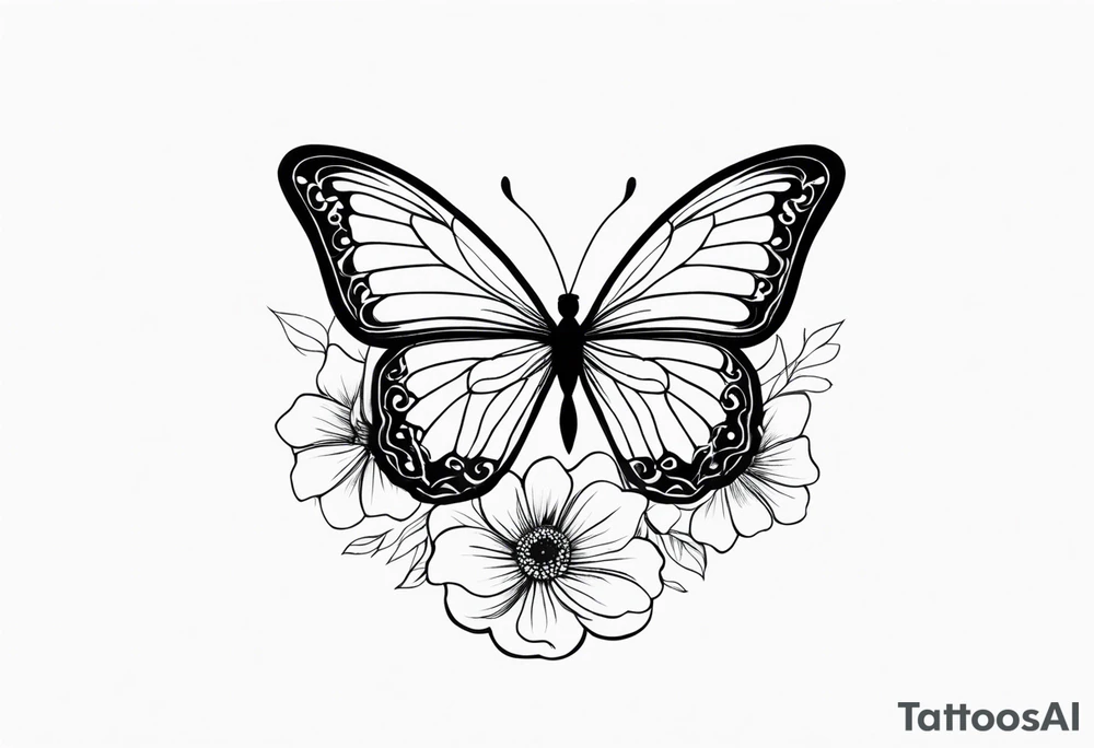 a simple, black minimalist chest tattoo with a butterfly in the centre and flowers elegantly behind it floating elegantly in horizontal position towards the shoulders tattoo idea