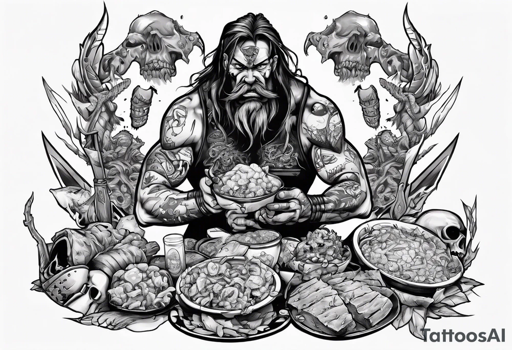 Savage warrior feeding the weak with the world on his shoulders tattoo idea
