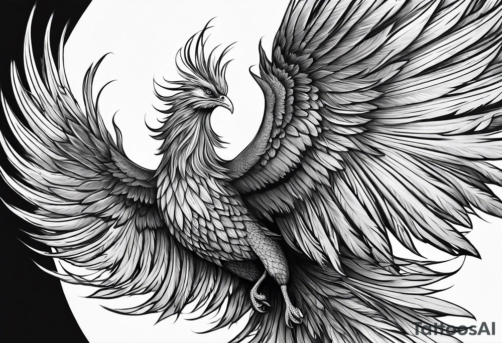 elegant long feathered phoenix
 in flight tattoo idea