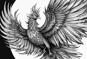 elegant long feathered phoenix
 in flight tattoo idea