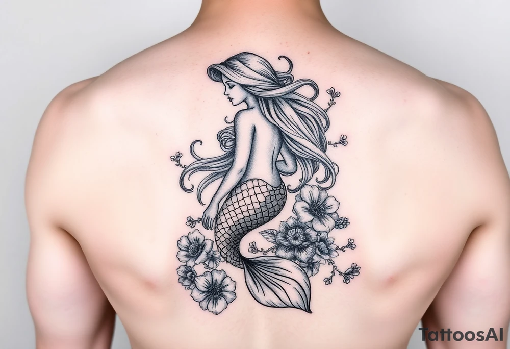 ethereal mermaid with flowing hair among coral and sea flowers tattoo idea