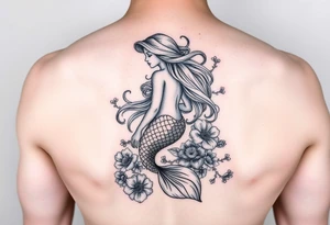 ethereal mermaid with flowing hair among coral and sea flowers tattoo idea