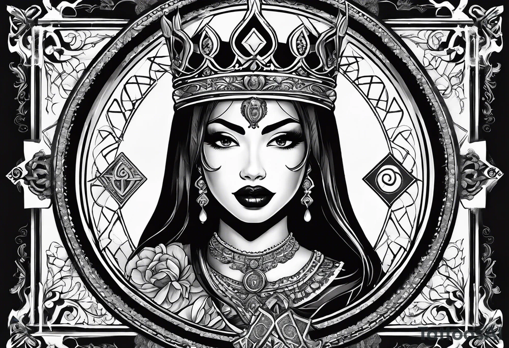 Latina Queen ahegao, drooling, happy, Spade Symbol with letter Q in the center of the spade framed, surrounded by whitespace tattoo idea