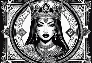 Latina Queen ahegao, drooling, happy, Spade Symbol with letter Q in the center of the spade framed, surrounded by whitespace tattoo idea