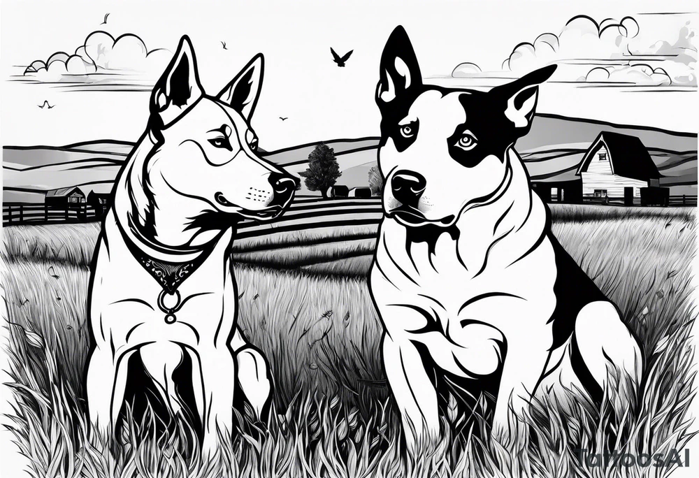 husky and pitbull looking at cows in cow pasture tattoo idea
