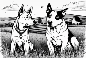 husky and pitbull looking at cows in cow pasture tattoo idea