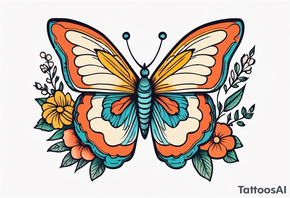 butterfly 
with flowers around it vintage old school traditional tattoo idea