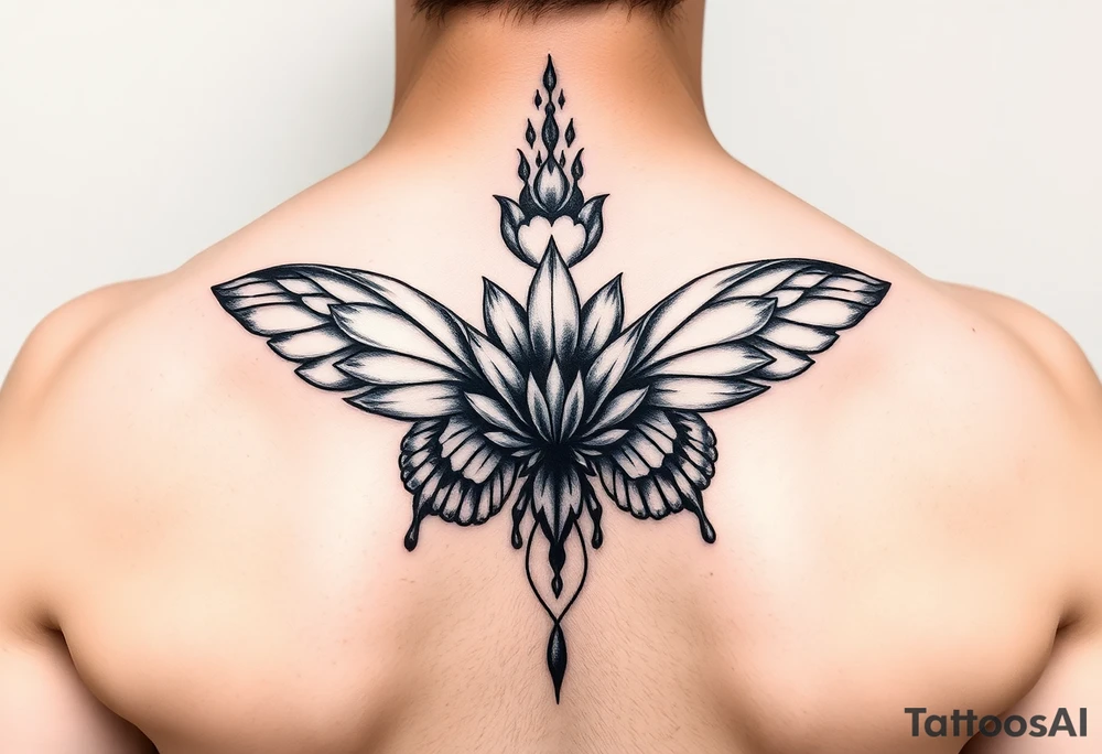 Elegant spine tattoo with lotus flower and butterfly with cracked wings tattoo idea