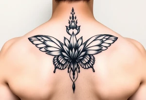 Elegant spine tattoo with lotus flower and butterfly with cracked wings tattoo idea