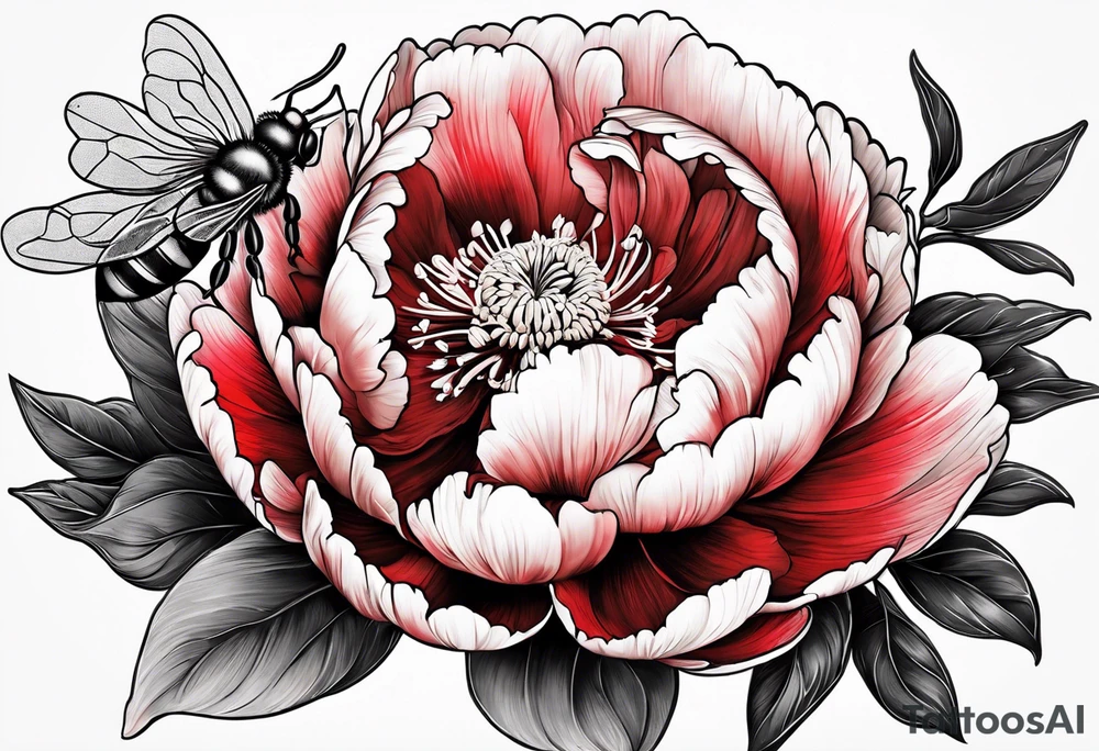 red peony with bee tattoo idea