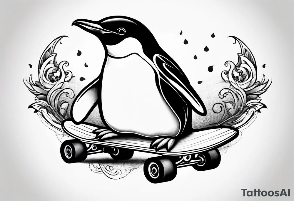 Fat penguin riding a skateboard upside down tattoo idea